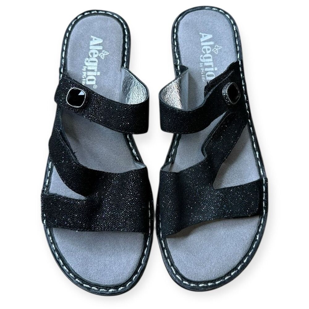 ALEGRIA Women’s Black Glitteroti Loti Wedge Slide Sandals Size 39 (US 9